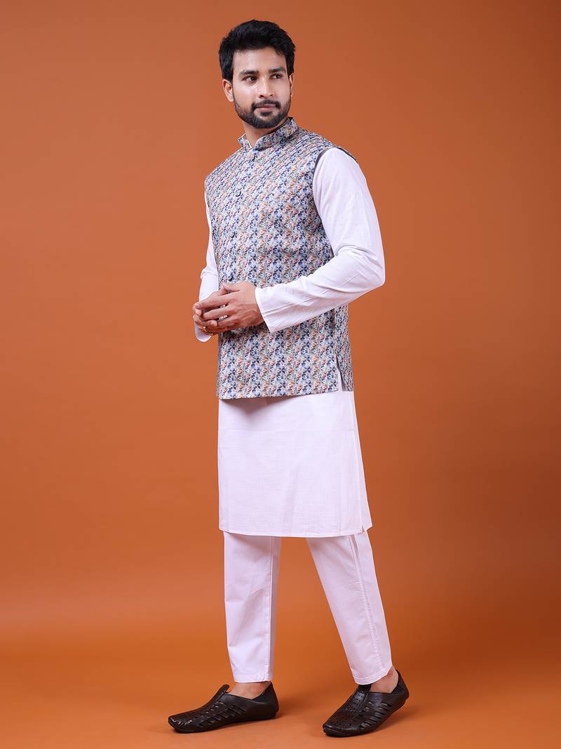 W&g cotton blend men nehru jacket multicolour