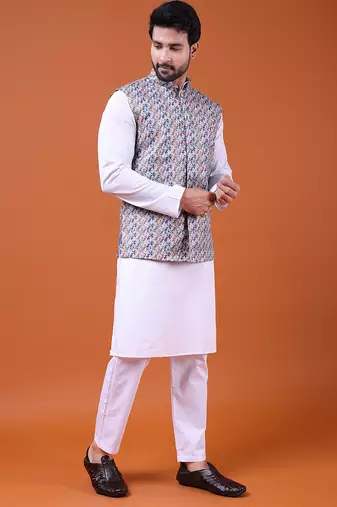 W&g cotton blend men nehru jacket multicolour