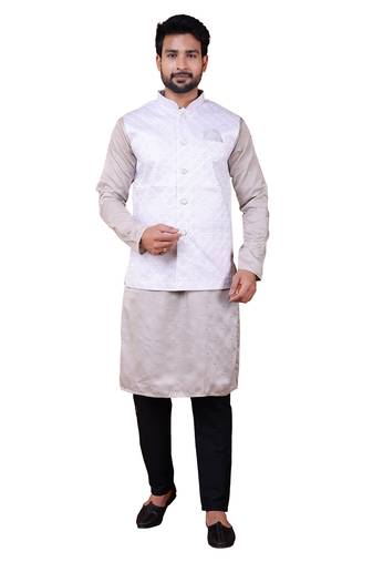 W&g silk blend men nehru jacket white