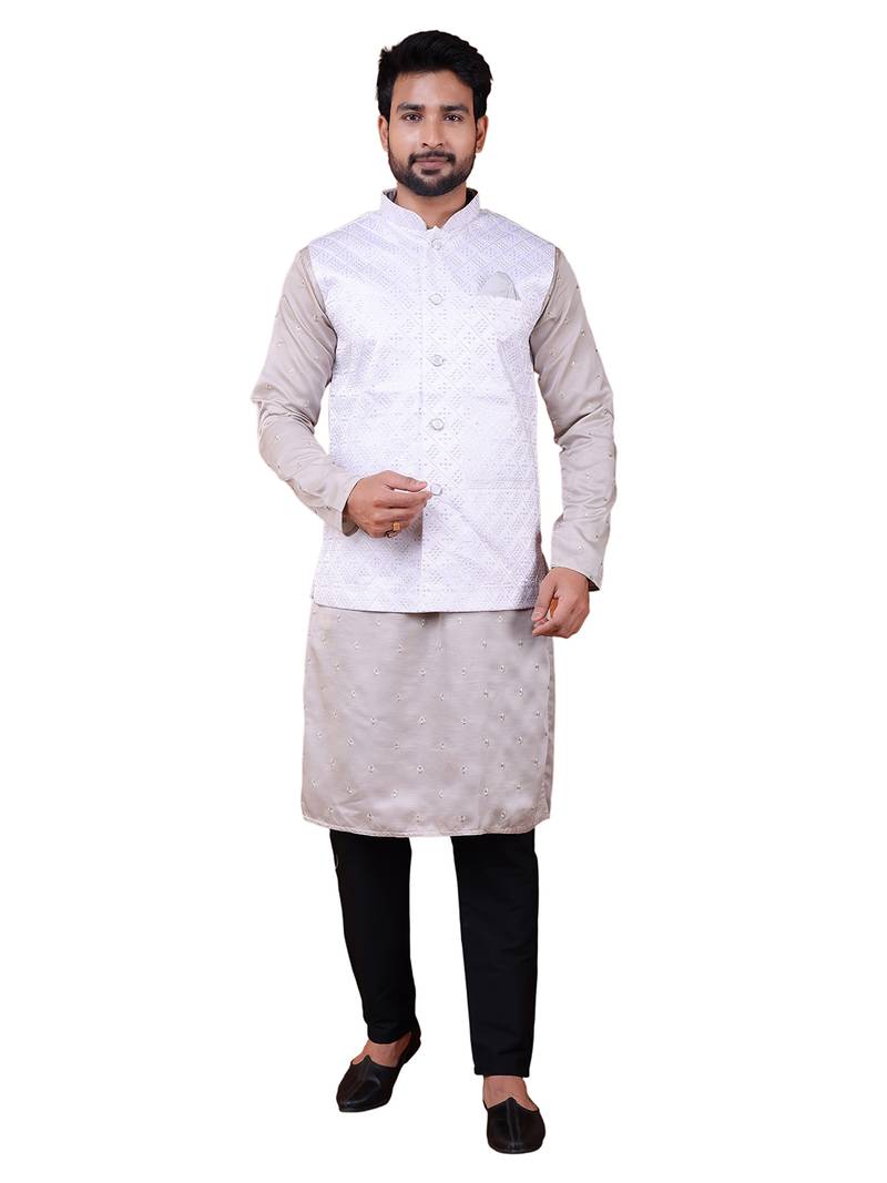 W&g silk blend men nehru jacket white