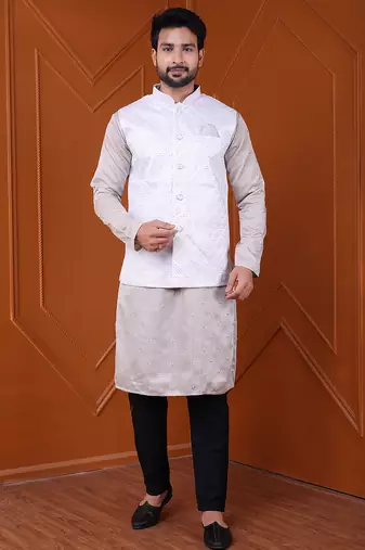 W&g silk blend men nehru jacket white