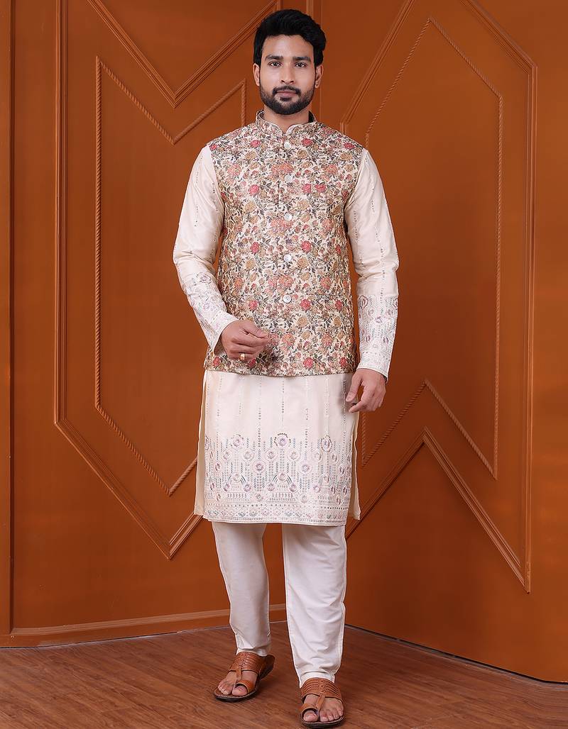 W&g silk blend men nehru jacket (jacquard design) multicolour