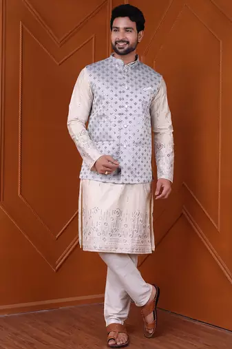 W&g silk blend men nehru jacket grey