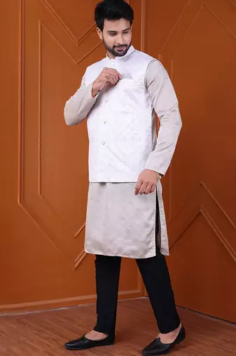 W&g silk blend men nehru jacket white