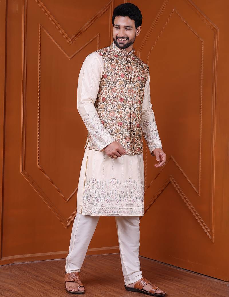 W&g silk blend men nehru jacket (jacquard design) multicolour