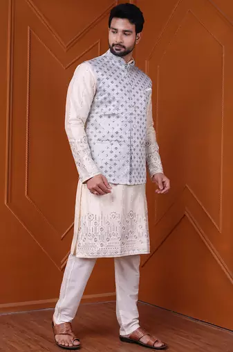 W&g silk blend men nehru jacket grey