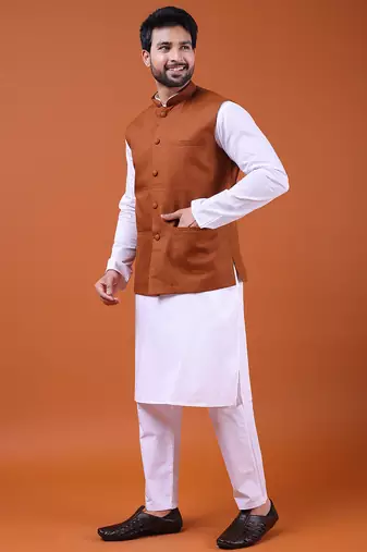 W&g poly dupian men nehru jacket rust