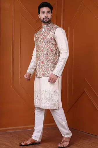 W&g silk blend men nehru jacket (jacquard design) multicolour