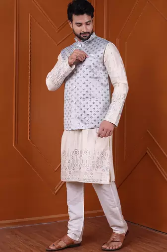 W&g silk blend men nehru jacket grey