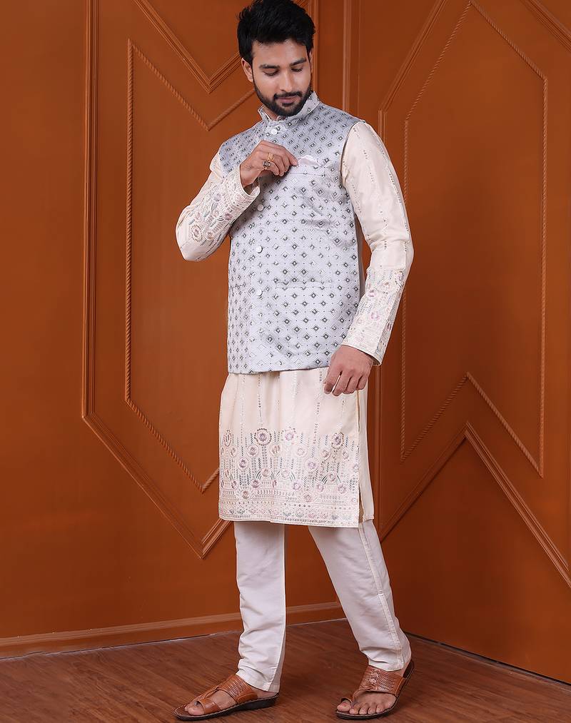 W&g silk blend men nehru jacket grey
