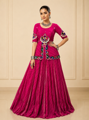 Rani Pink Navratri Lehenga with Gota Patti & Gamthi Mirror Work 1