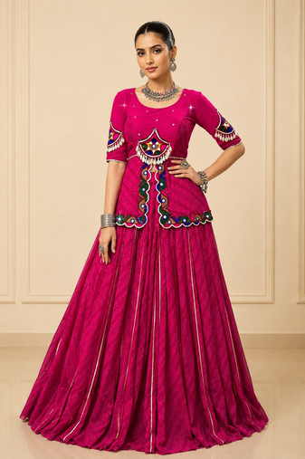 Rani Pink Navratri Lehenga with Gota Patti & Gamthi Mirror Work
