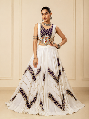 White Heritage Print Garba Lehenga Set with Mirror Work Blouse 1