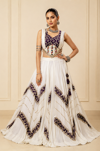 White Heritage Print Garba Lehenga Set with Mirror Work Blouse