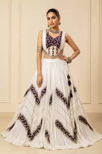 White Heritage Print Garba Lehenga Set with Mirror Work Blouse