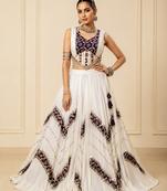 White Heritage Print Garba Lehenga Set with Mirror Work Blouse