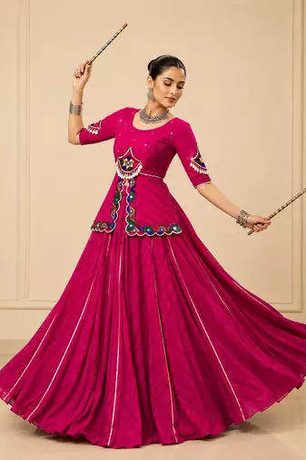 Rani Pink Navratri Lehenga with Gota Patti & Gamthi Mirror Work