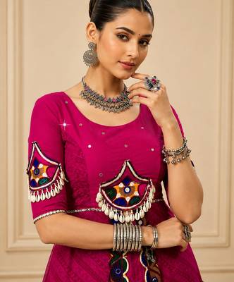 Rani Pink Navratri Lehenga with Gota Patti & Gamthi Mirror Work 3