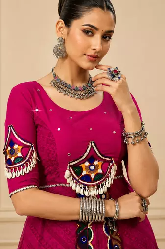 Rani Pink Navratri Lehenga with Gota Patti & Gamthi Mirror Work