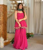 rani pink color heavy bandhej print with fancy lace and hanging latkan work kediya palazzo set