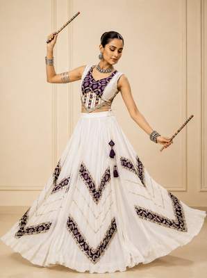 White Heritage Print Garba Lehenga Set with Mirror Work Blouse 2