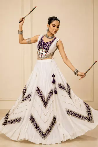 White Heritage Print Garba Lehenga Set with Mirror Work Blouse