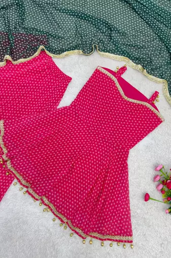 rani pink color heavy bandhej print with fancy lace and hanging latkan work kediya palazzo set