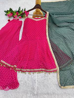 rani pink color heavy bandhej print with fancy lace and hanging latkan work kediya palazzo set 3