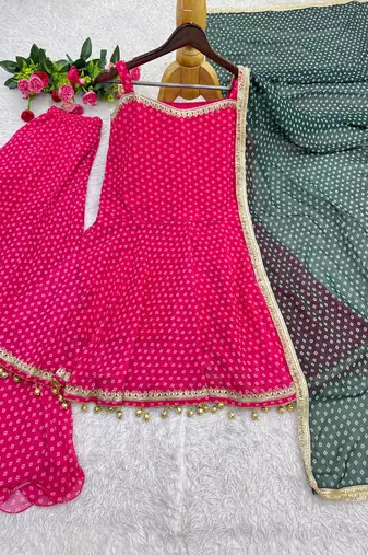 rani pink color heavy bandhej print with fancy lace and hanging latkan work kediya palazzo set