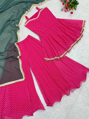 rani pink color heavy bandhej print with fancy lace and hanging latkan work kediya palazzo set 4