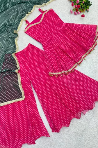 rani pink color heavy bandhej print with fancy lace and hanging latkan work kediya palazzo set