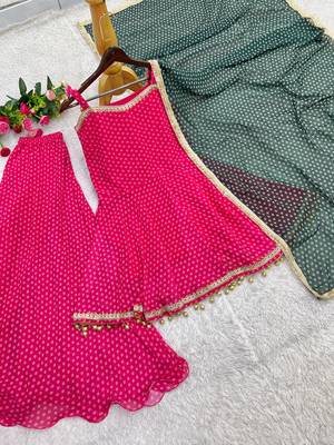 rani pink color heavy bandhej print with fancy lace and hanging latkan work kediya palazzo set 5