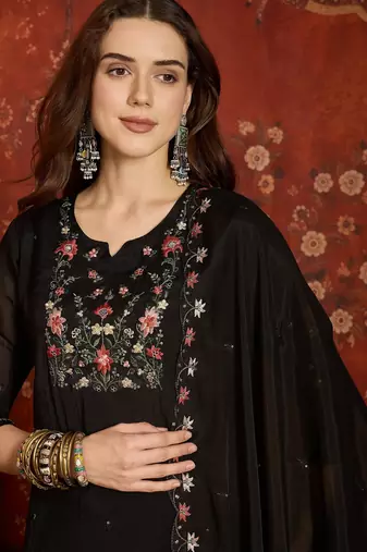Black cotton embroidered kurta set.