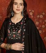 Black cotton embroidered kurta set.