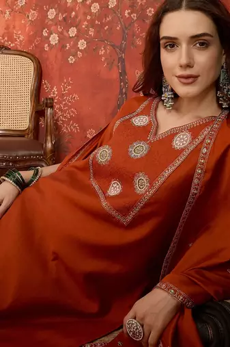 Rust cotton embroidered kurta set