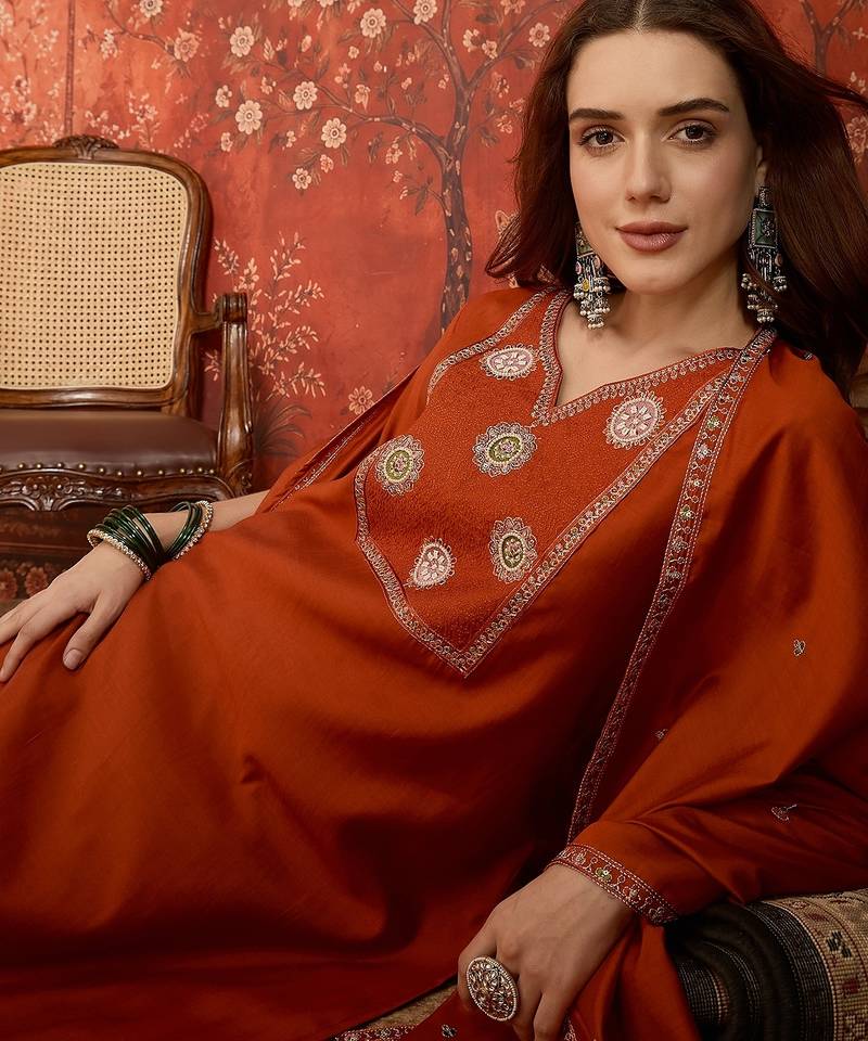 Rust cotton embroidered kurta set