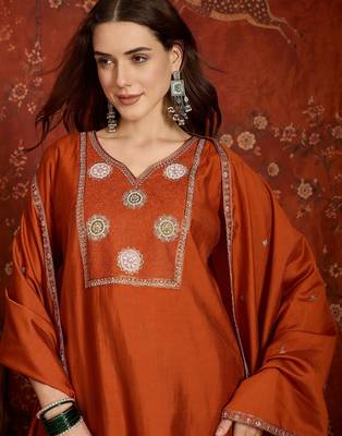 Rust cotton embroidered kurta set 3