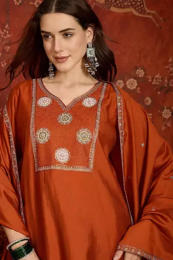 Rust cotton embroidered kurta set