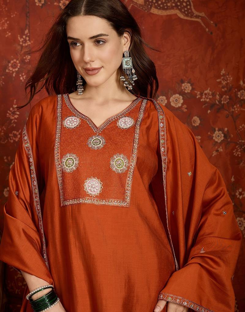 Rust cotton embroidered kurta set