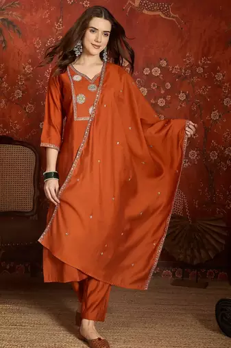 Rust cotton embroidered kurta set