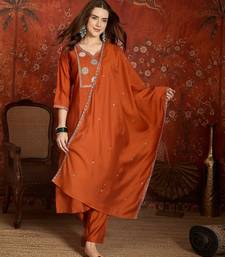 Rust cotton embroidered kurta set