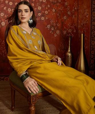 Mustard cotton embroidered kurta set 1