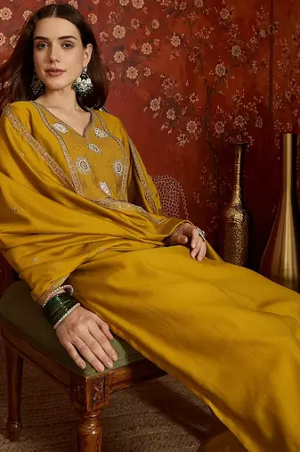Mustard cotton embroidered kurta set