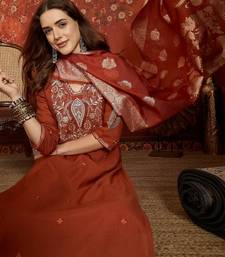 Rust cotton embroidered kurta set.