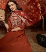 Rust cotton embroidered kurta set.