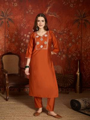Rust cotton embroidered kurta set 5