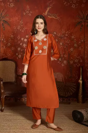 Rust cotton embroidered kurta set