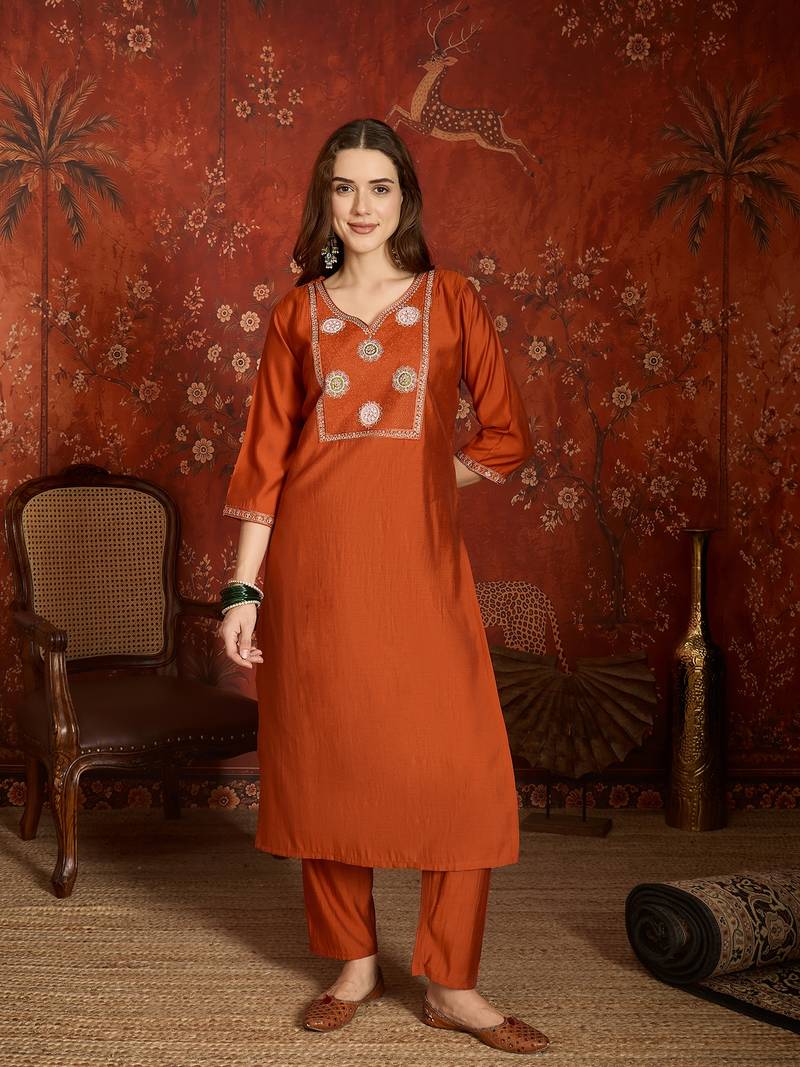 Rust cotton embroidered kurta set