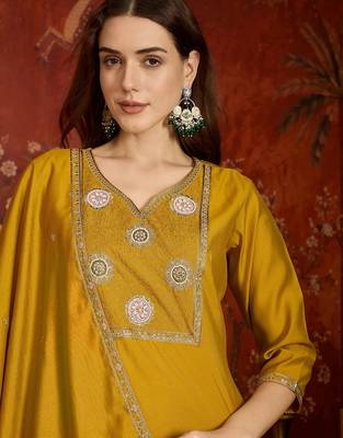 Mustard cotton embroidered kurta set 2