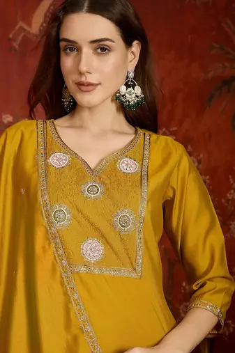 Mustard cotton embroidered kurta set